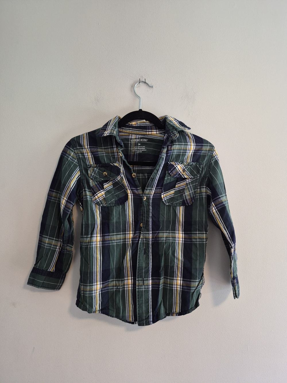 Cherokee Boys 7/8 Green, Blue & Yelloe Plaid Button-Up Flannel Shirt